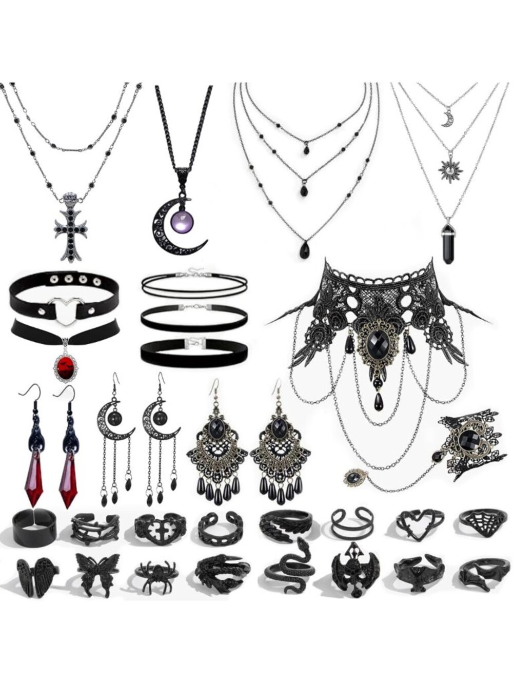 37Pcs Grunge Gothic Jewelry Set - Vintage Punk Necklaces, Y2K Chokers & Rings